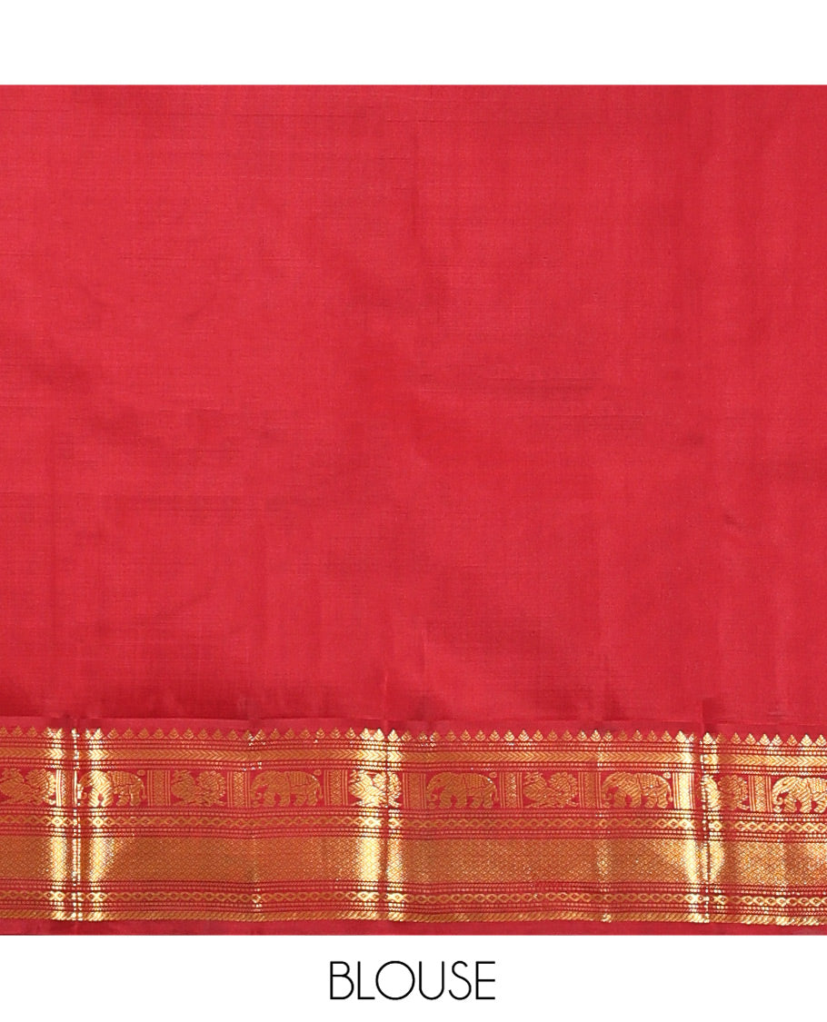 Yellow Vasundhara Silk Saree, Subtly Sparkled with Buttas All Over Its Body, Complemented by a Contrast Border of Thilakam, Neli, Kathir, Mayil, Yaanai, and Mayil Kann Designs, Grand Jaal Pallu, and Paired with a Contrast Blouse
