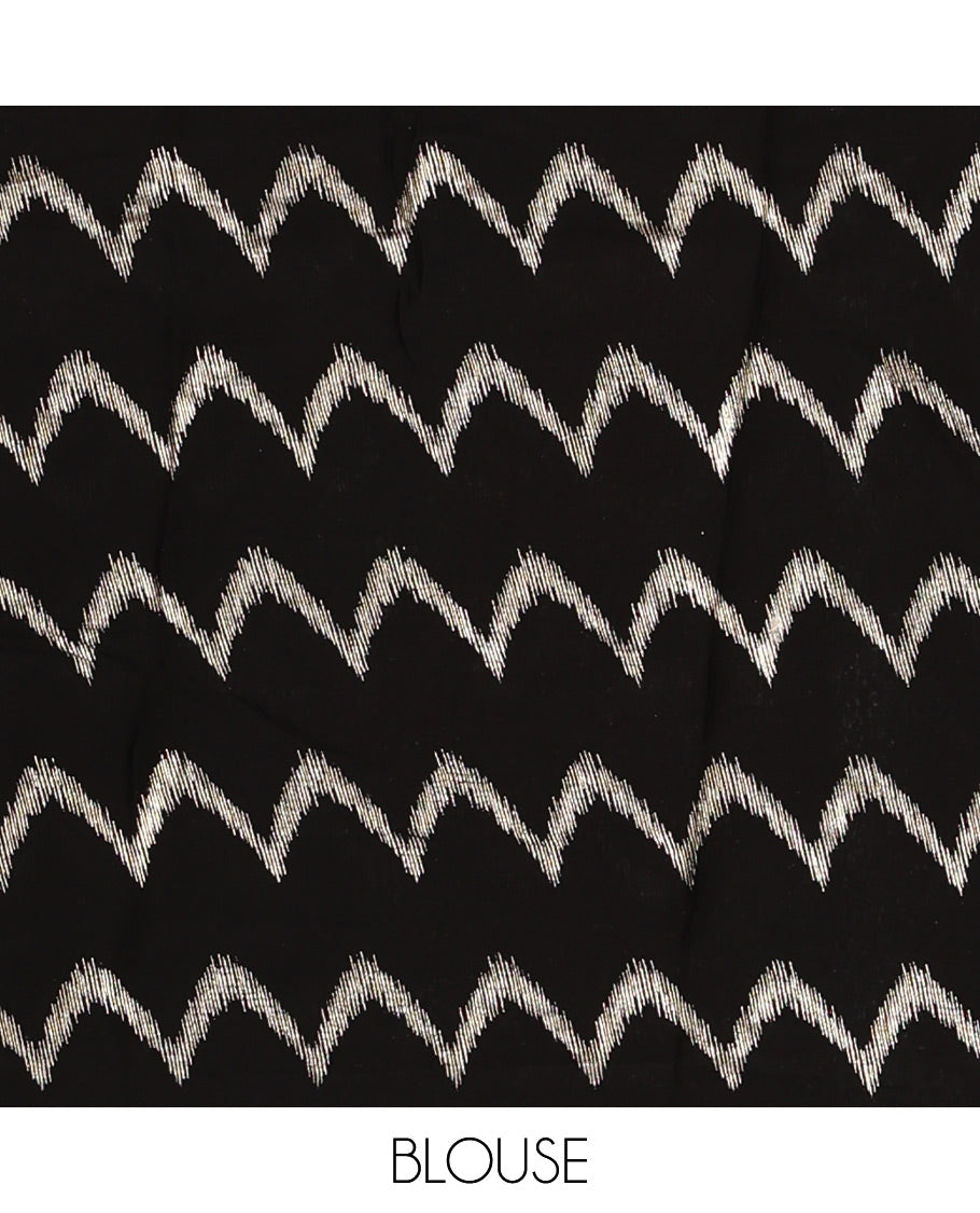 Borderless black zig-zag stripes foil printed rangoli saree, running blouse