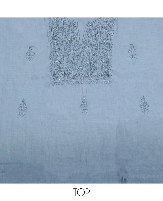 Grey Cotton Material Churidar Set, Subtly Crafted with Sequined Thread Neck Work Top, a Contrast Plain Bottom, and Thread Dupatta