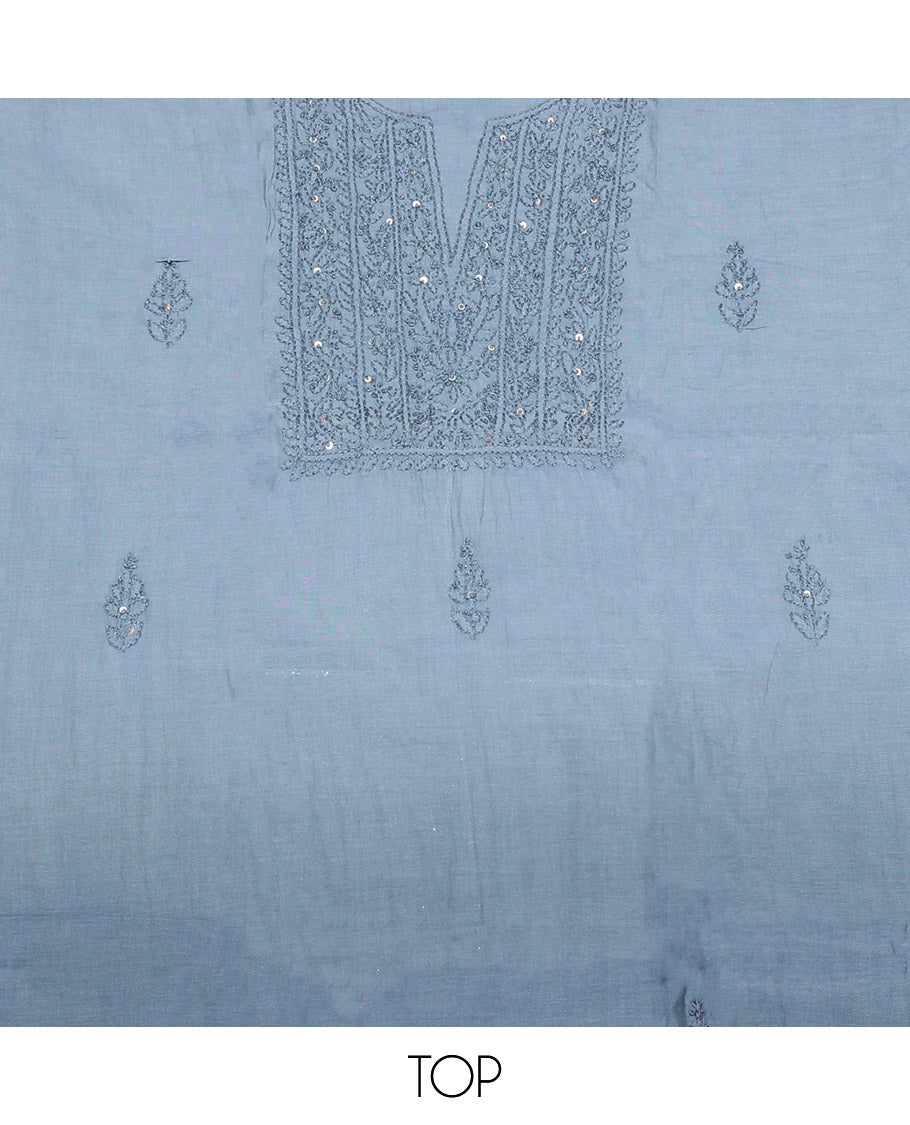 Grey Cotton Material Churidar Set, Subtly Crafted with Sequined Thread Neck Work Top, a Contrast Plain Bottom, and Thread Dupatta