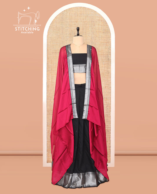Black Cotton Half-Saree Features Plain Skirt, a Traditional Border, a Matching Blouse, and a Contrast Dhavani