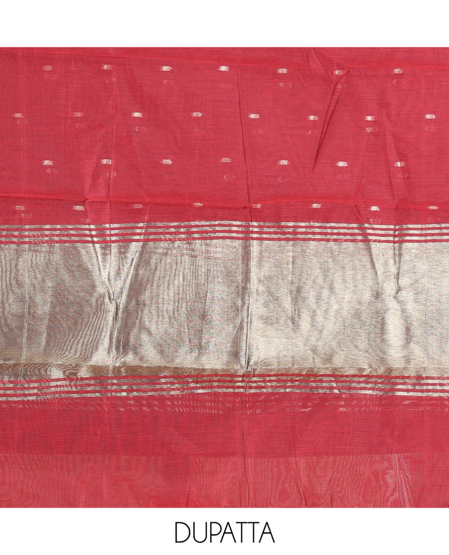 Maroon Banarasi Chanderi Material Churidar, Mesmerized with Buttas Top, a Plain Bottom, and a Matching Dupatta
