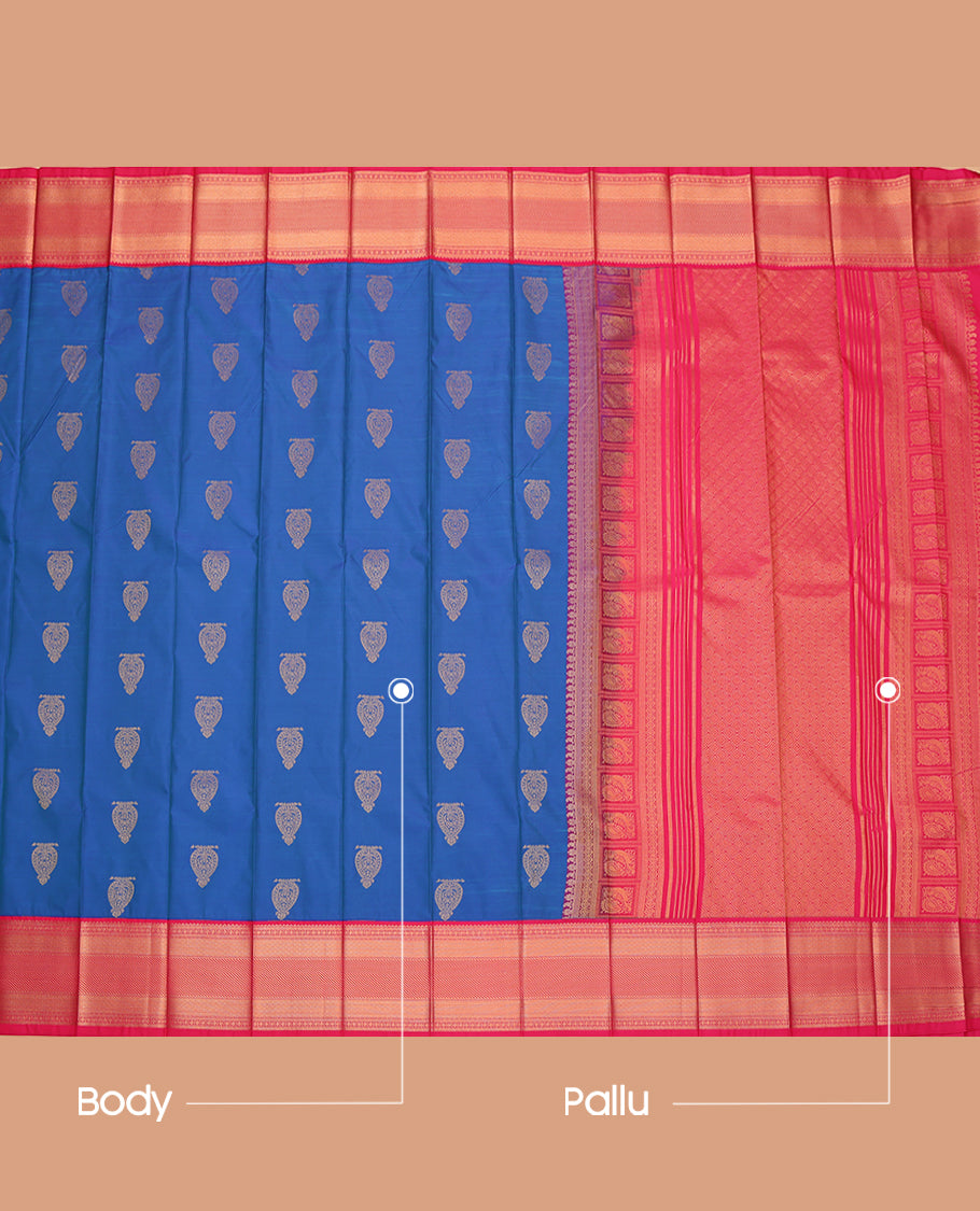 Blue Budget Silk Saree, Elevated with Zari Buttas, a Contrast Traditional Zari Border, Grand Pallu, and a Contrast Blouse