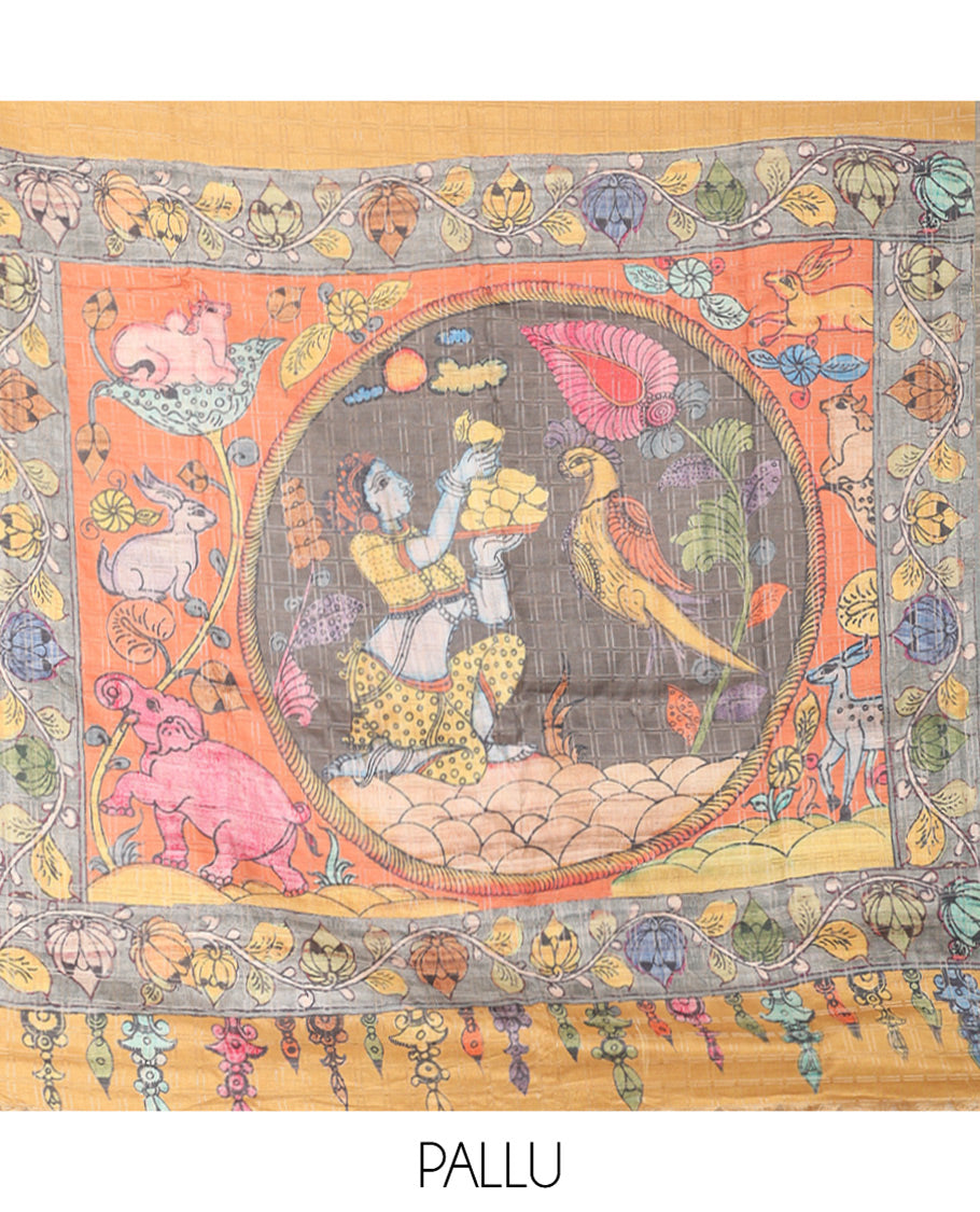 Yellow Fancy Tussar Silk Saree, Embellished with Checked Design, Contrast Zari Piping Border, Pallu of Kalamkari Motifs, and Contrast Kalamkari Printed Blouse