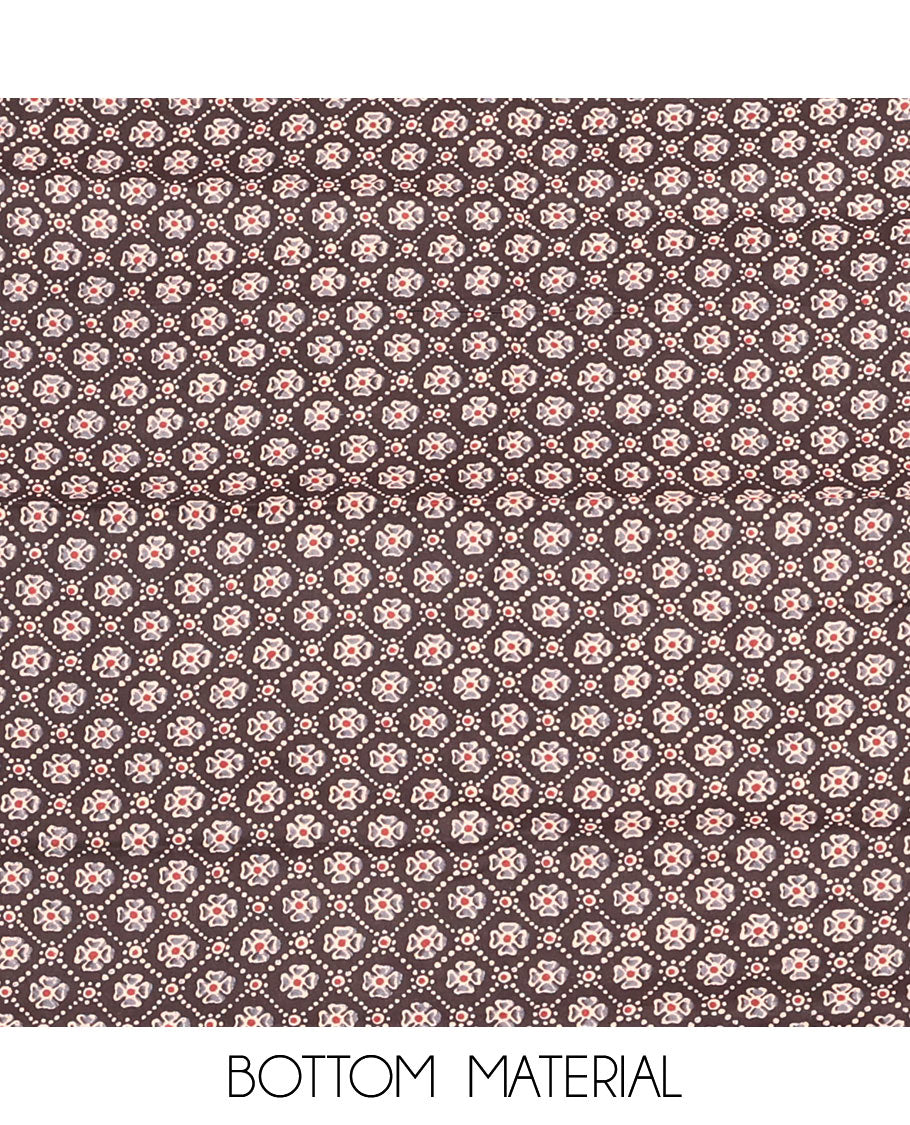 Brown Cotton Material Churidar Set, Bedecked with Floral Printed and V-Neck Top, Printed Bottom, and a Floral Printed Dupatta