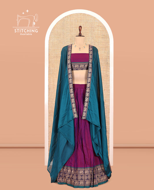 Magenta Mercerised Cotton Half-Saree, Plain Skirt, an Elephant Motif Border, a Matching Blouse, Contrast Dhavani