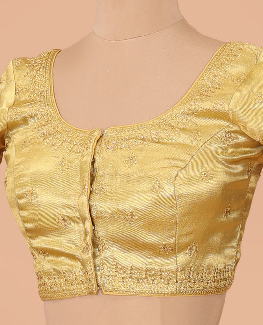 Bright gold thread embroidered front-back round neck elbow sleeve blouse
