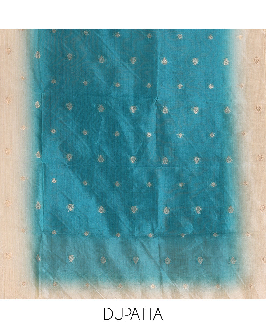 Chikku-Rama Semi-Tussar Material Chudiddar, Buttas and Neck Work Top, Contrast Bottom, Buttas Dupatta