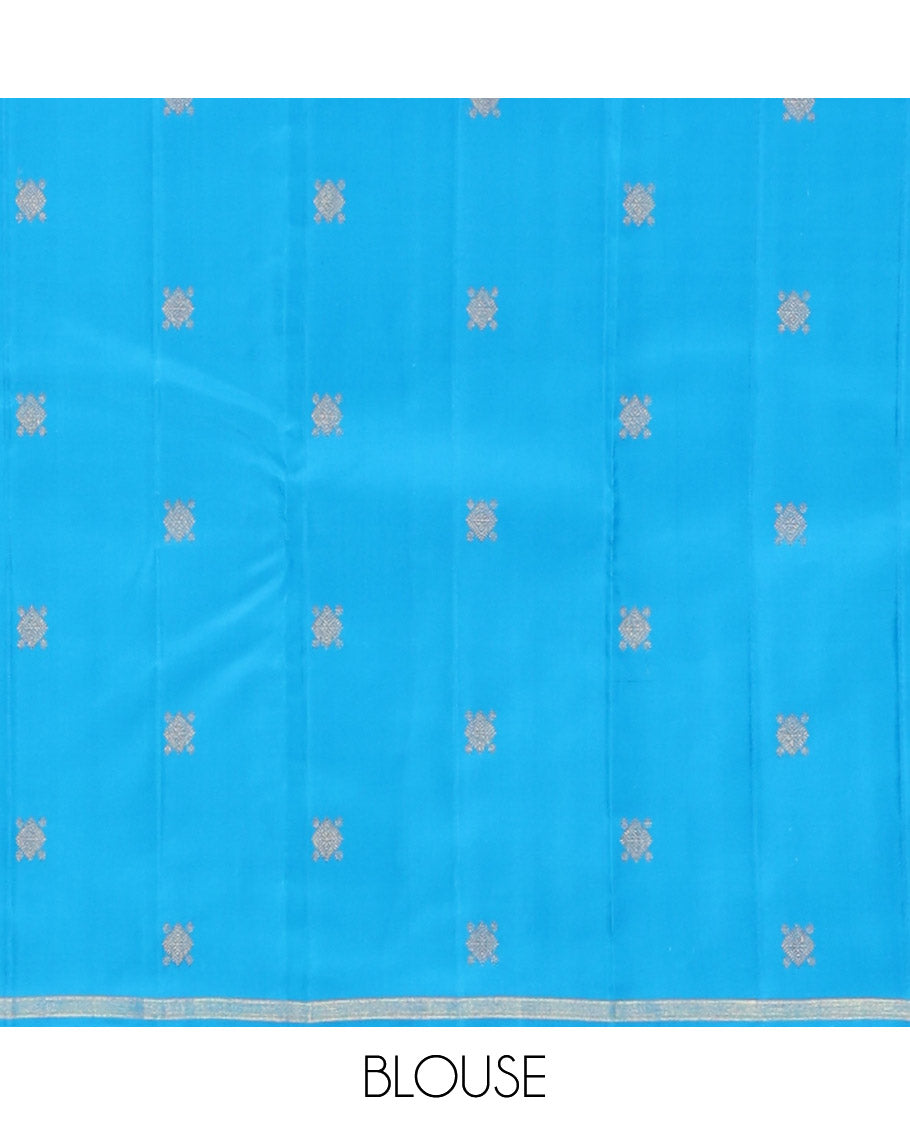 Captivating Pink Plain Kanchipuram Silk Saree, Subtly Woven Zari Striped Border, Complemented by Vibrantly Colored Pallu of Zari Buttas, and Paired with a Contrast Blouse