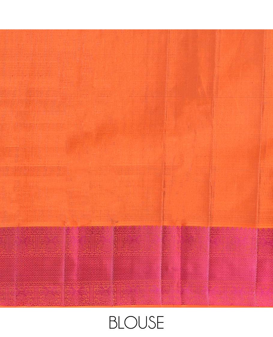 Grey Kanchipuram Silk Saree, Subtly Sparkled with Mayil-Chakram Buttas, a Contrast Border of Thilakam Mokku, Iruthalai Pakshi, and Kuyil Kann, Jaal Pallu, and a Contrast Blouse