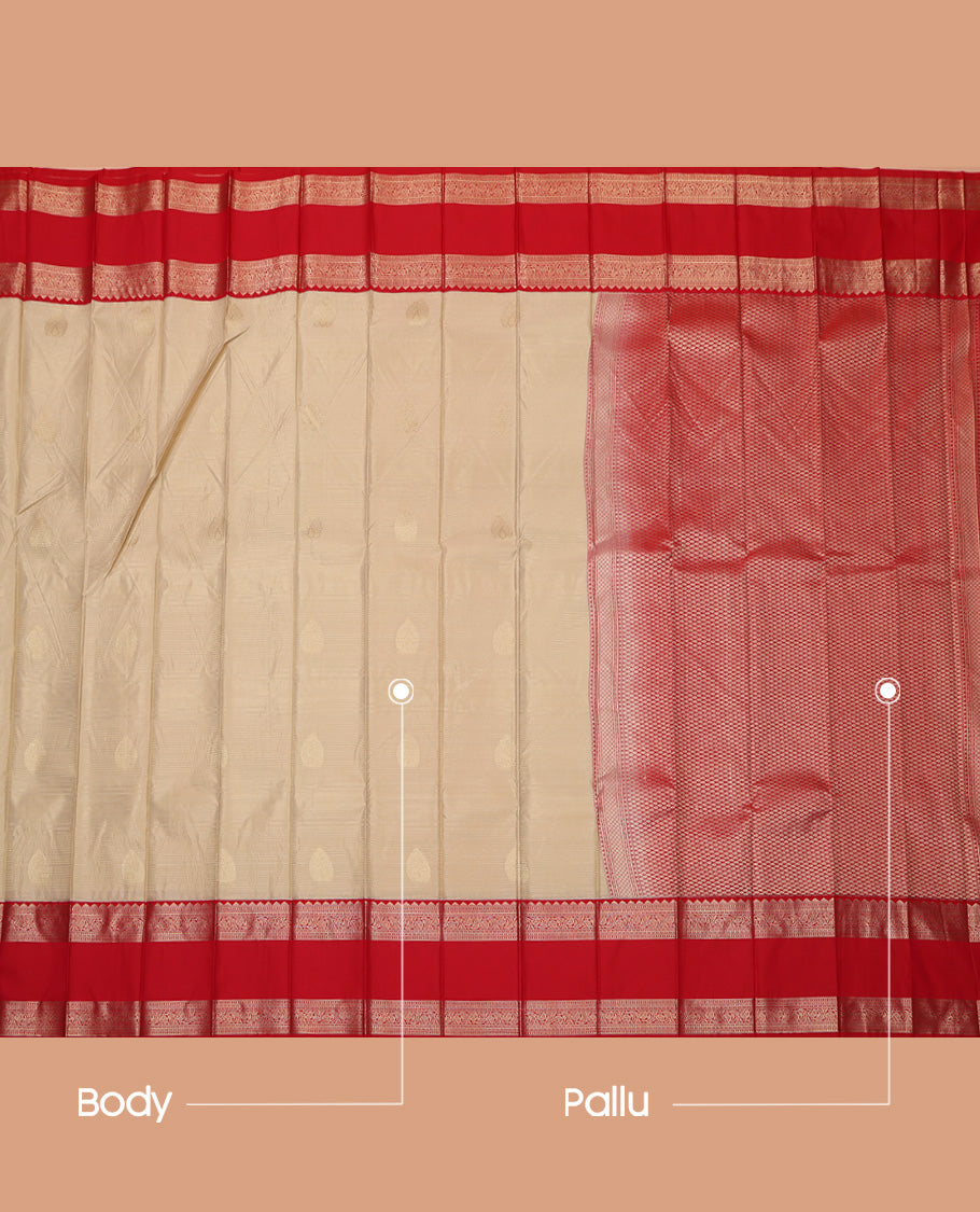 Beige Budget Silk Saree, Sparsely Woven with Buttas and Stripes All Over Its Body, Complemented by Contrast Traditional Zari Designs Rettai Pettu Border, Grand Jaal Pallu and Paired with a Contrast Blouse