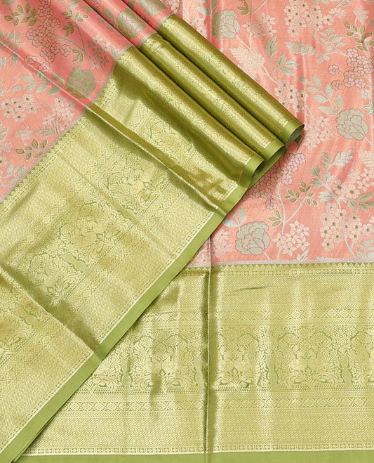 Peach Art Silk Material Half Saree Set, Delicately Woven with Jacquard Design Skirt, a Contrast Traditional Zari Design Border, Contrast Blouse, and an Intricate Dhavani