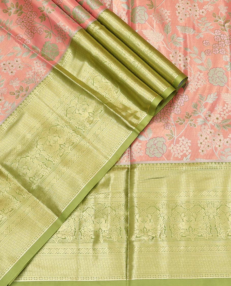 Peach Art Silk Material Half Saree Set, Delicately Woven with Jacquard Design Skirt, a Contrast Traditional Zari Design Border, Contrast Blouse, and an Intricate Dhavani
