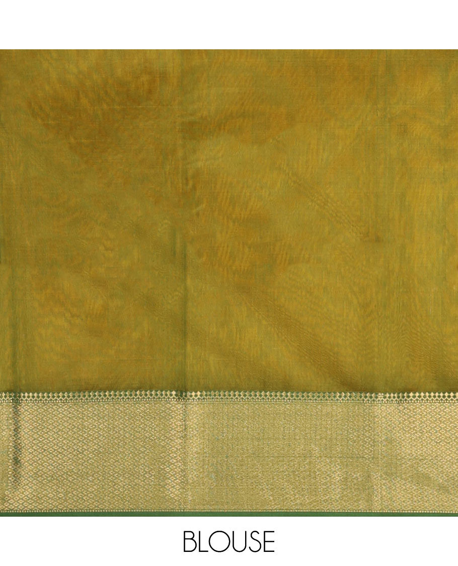 Yellow Maheshwari Cotton Saree, Bedecked with Floral Buttas on Its Body, Complemented by a Contrast Border of Traditional Designs, Pallu Steeped with Buttas, and Paired with a Contrast Blouse