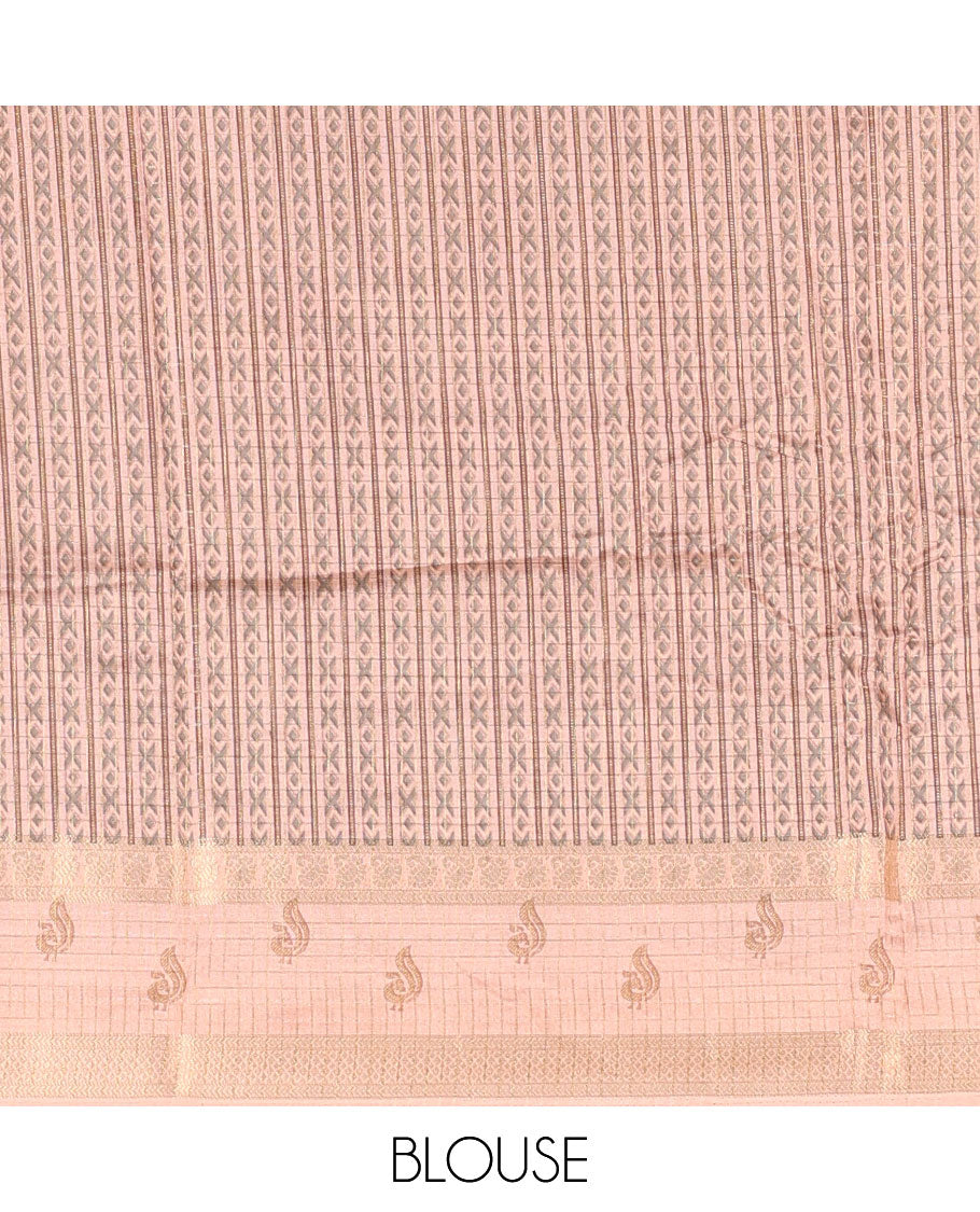 Grey gold zari checked katan silk saree with contrast traditional zari border of peacock print, peacock printed pallu, and contrast printed blouse