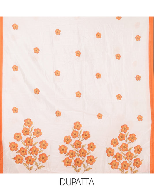 Cream-Orange Semi-Silk Material Chudidar, Floral Printed Top, Matching Bottom, Floral Printed Dupatta