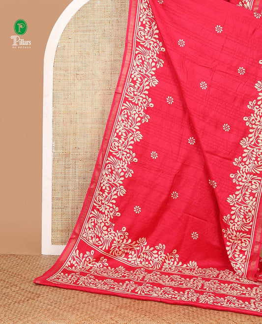Rani pink batik-style floral butta printed Malgudi silk saree, batik floral design printed piping zari border & floral printed pallu