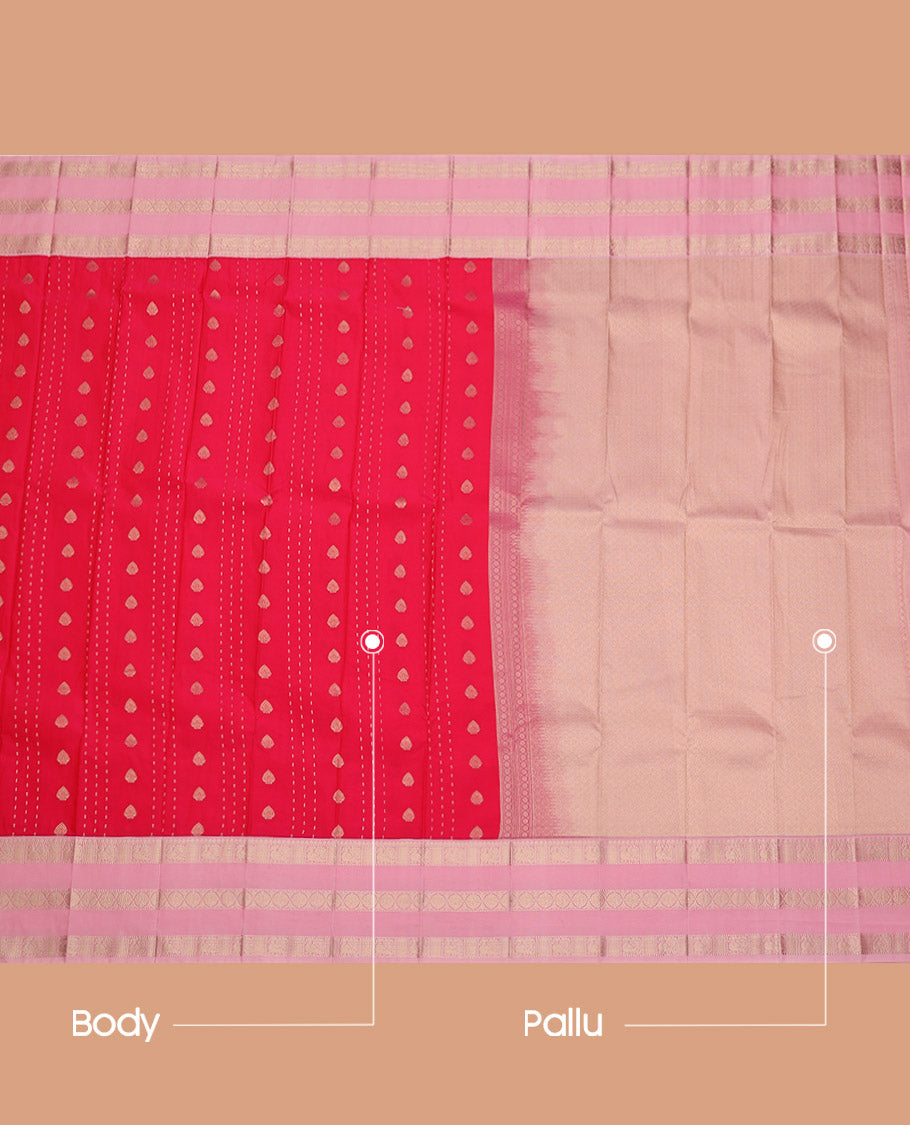 Pink Budget Silk Saree, Woven with Zari Buttas, Complemented by a Contrast Traditional Zari Border, Jaal Pallu, and a Contrast Blouse