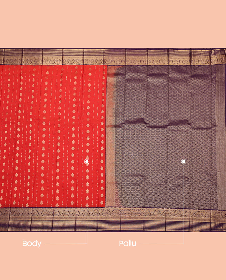 Red Budget Silk Saree, Delicately Woven with Zari Buttas All Over Its Body, Complemented by a Contrast Traditional Zari Design Border, Grand Jaal Pallu, and Paired with a Contrast Blouse