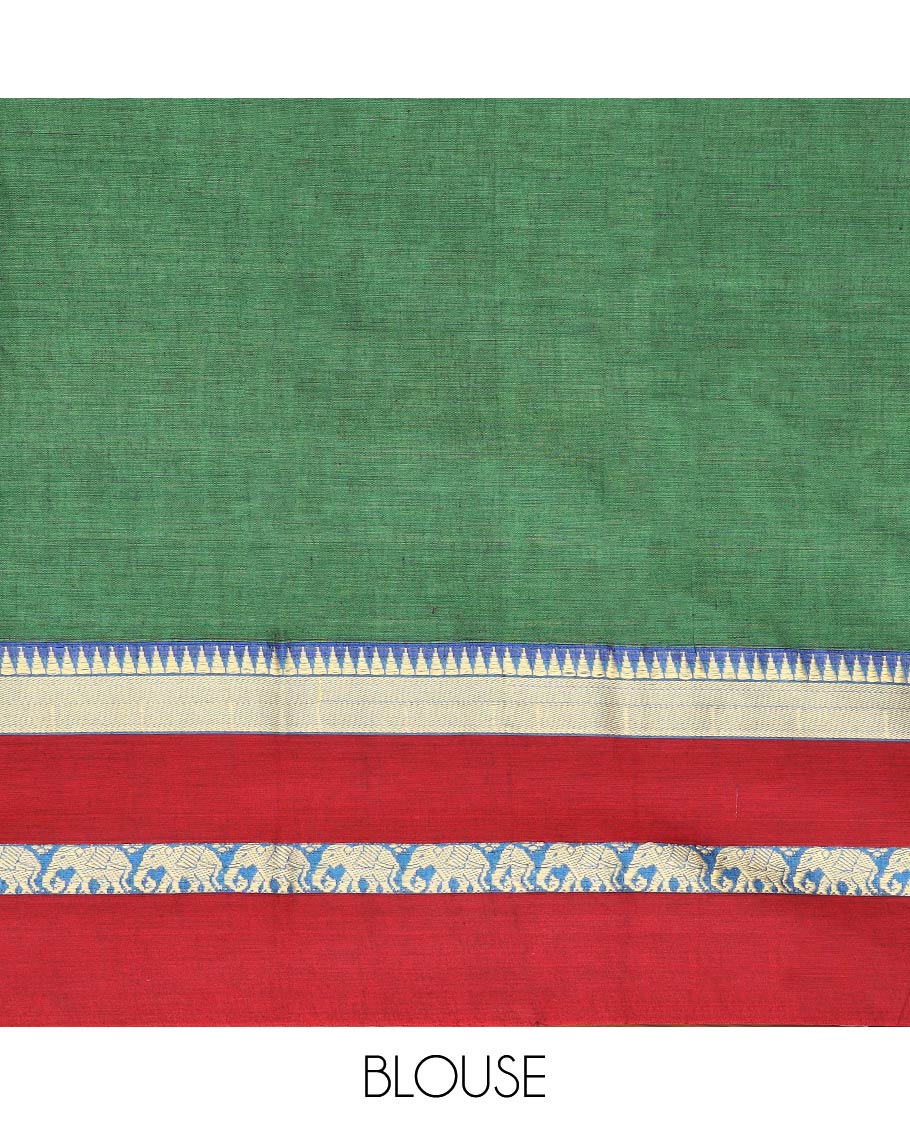 Green narayanapet cotton saree with contrast temple elephant design border & bhavanji pallu