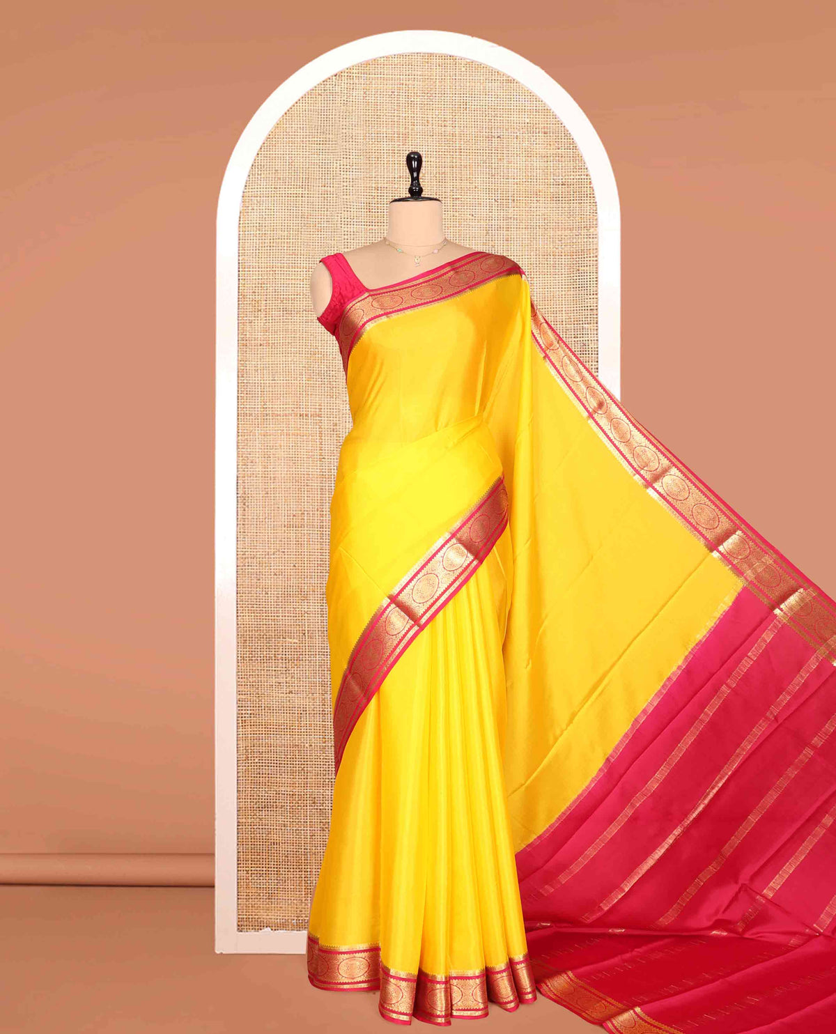 Yellow Plain Mysore Silk Saree, a Contrast Chakram Zari Border, Zari Striped Pallu, and a Contrast Blouse
