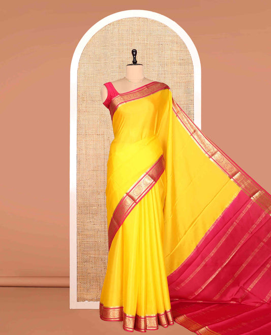 Yellow Plain Mysore Silk Saree, a Contrast Chakram Zari Border, Zari Striped Pallu, and a Contrast Blouse