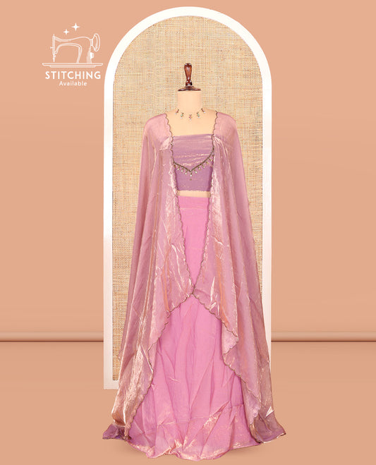 Onion Pink Fendi Organza Half-Saree, Plain Skirt, Matching Embroidered Blouse, Matching Scallop Dhavani