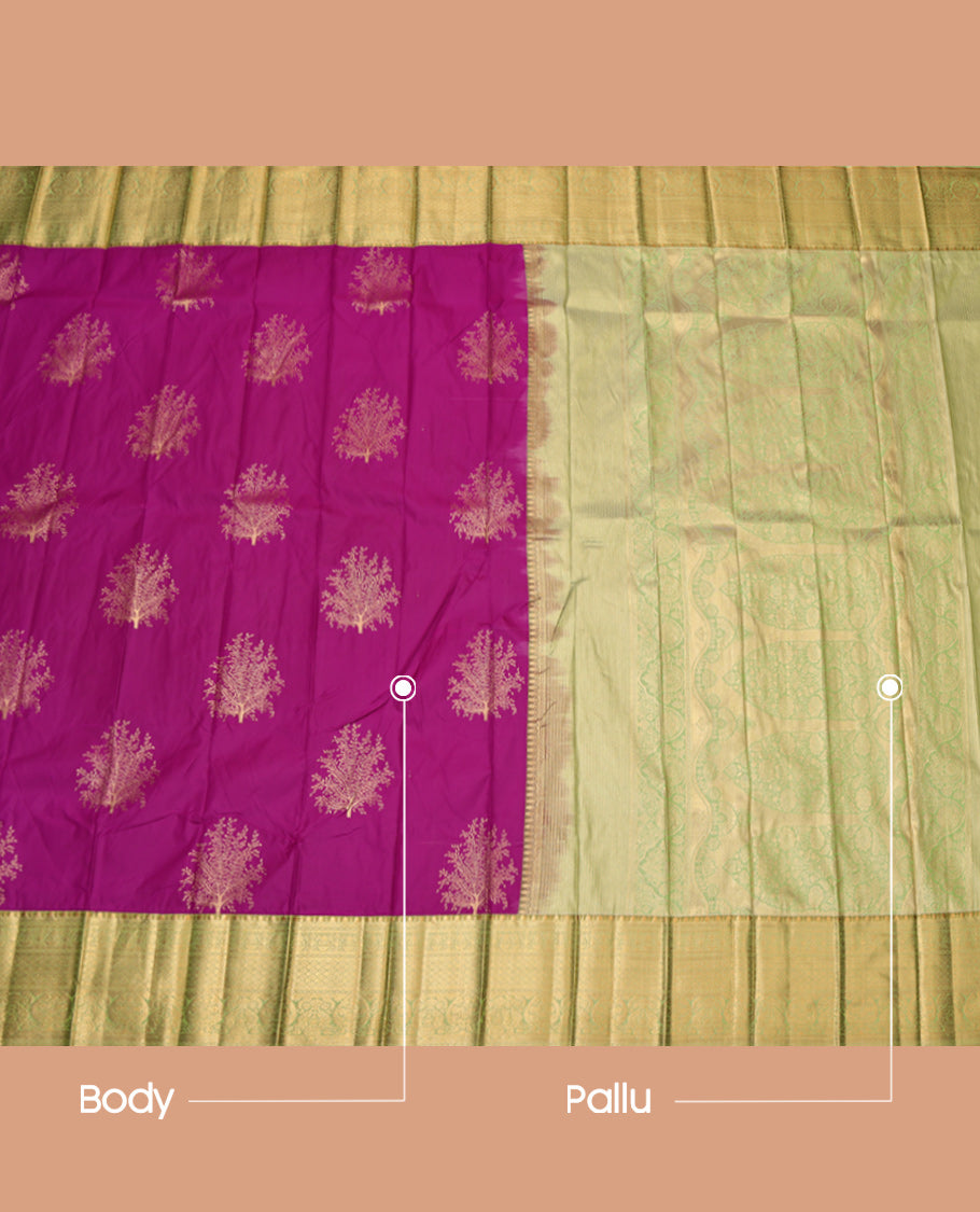 Purple Budget Silk Saree, Entralled with Tree Motifs, Complemented by Contrast Traditional Zari Border, Grand Pallu and a Contrast Blouse