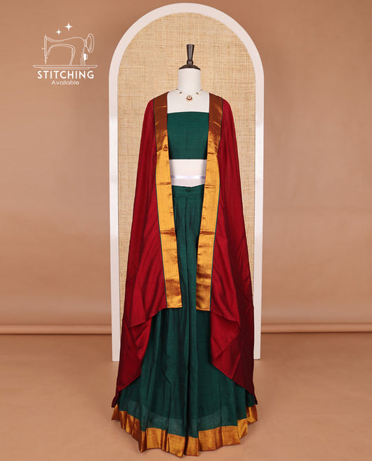 Green mercerised cotton daman zari border half saree with cotton blouse & georgette one side zari border