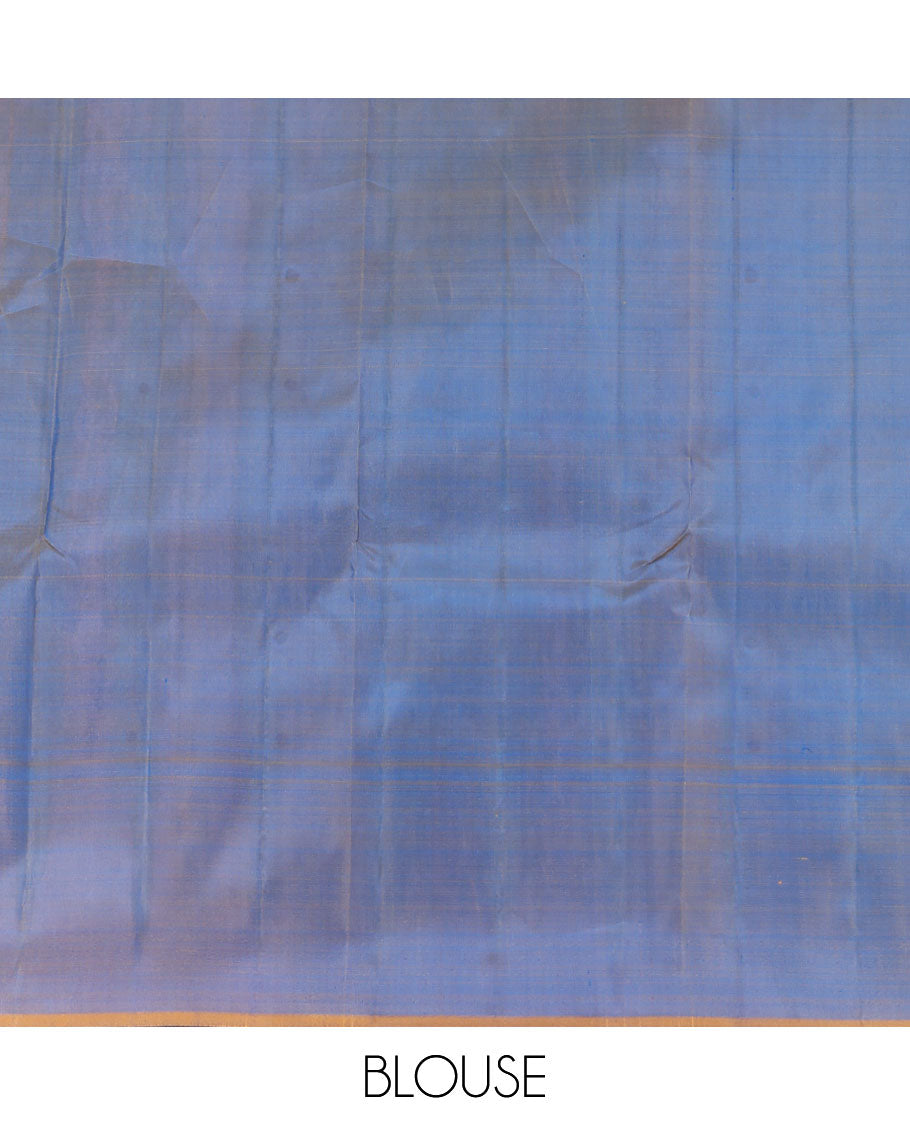 Blue Kanchipuram Silk Saree, Woven with Buttas, Complemented by a Contrast Thazampoo Rekku Border, Grand Floral Pallu, and Contrast Blouse