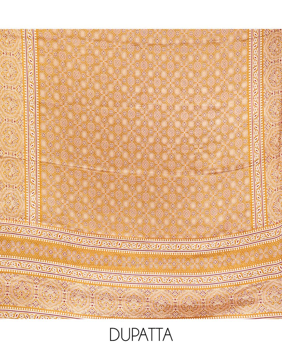 Yellow Material Chudidhar Set, Decked Up with Ajrakh Patch Work and Mirror Work, Vichitra Silk Top, Plain Santoon Bottom, and Chinon Silk Dupatta Featuring Intricate Ajrakh Prints