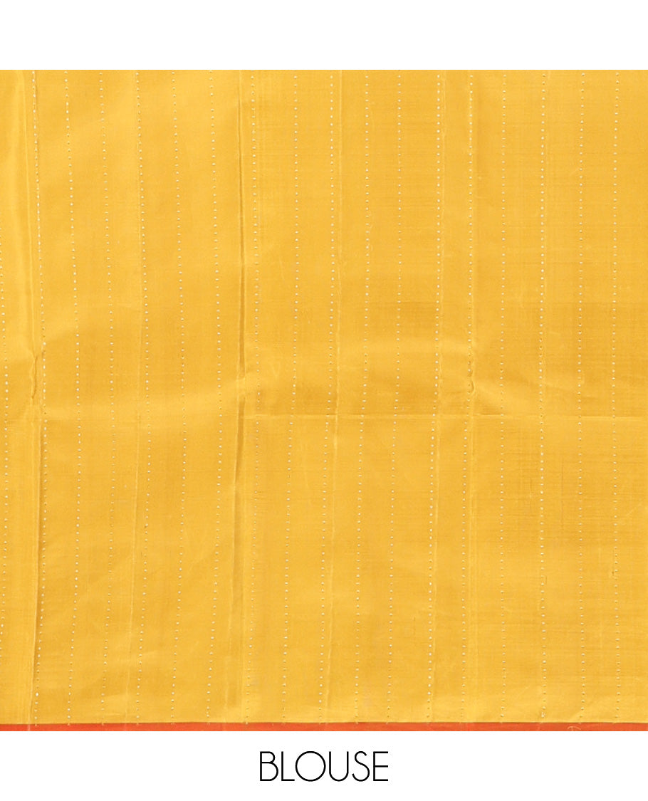 Sandal Kanchipuram Designer Silk Saree, Gracefully Embellished with Buttas All Over Its Body, Complemented by a Contrast Border of Mayil, Kuthirai, Yaali, and Pichwai Cow Designs, Grandly Woven Jaal Pallu, and Paired with a Contrast Blouse