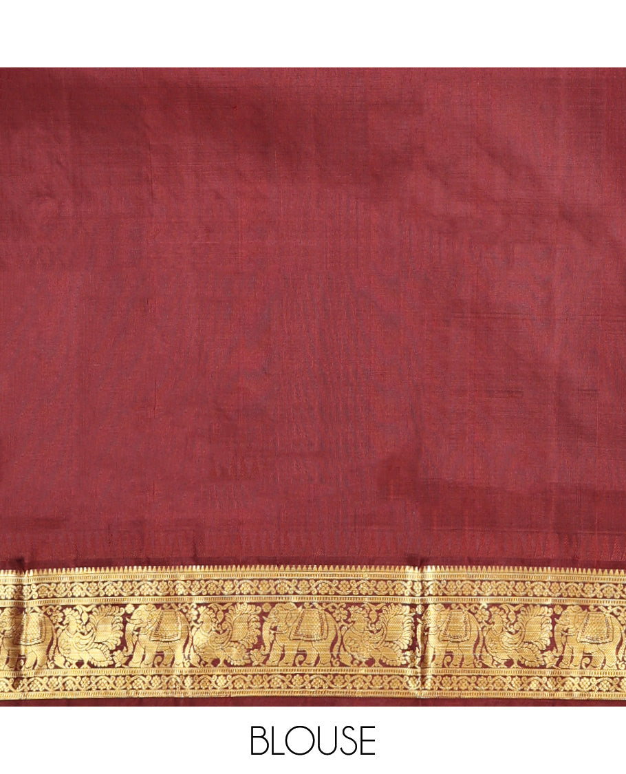 Rust Bird Buttas Venkatagiri Silk Saree, a Contrast Traditional Border, Jaal Pallu, Contrast Blouse