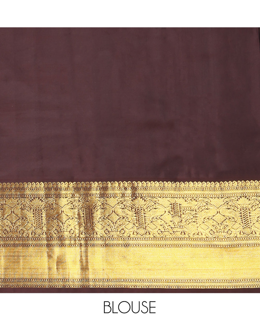 Coral Vasundhara Silk Saree, Elevated with Zari Buttas All Over Its Body, Complemented by a Contrast Border of Manga, Muthu, Kathir, Mayil, and Yaanai Designs, Grand Jaal Pallu, and Paired with a Contrast Blouse