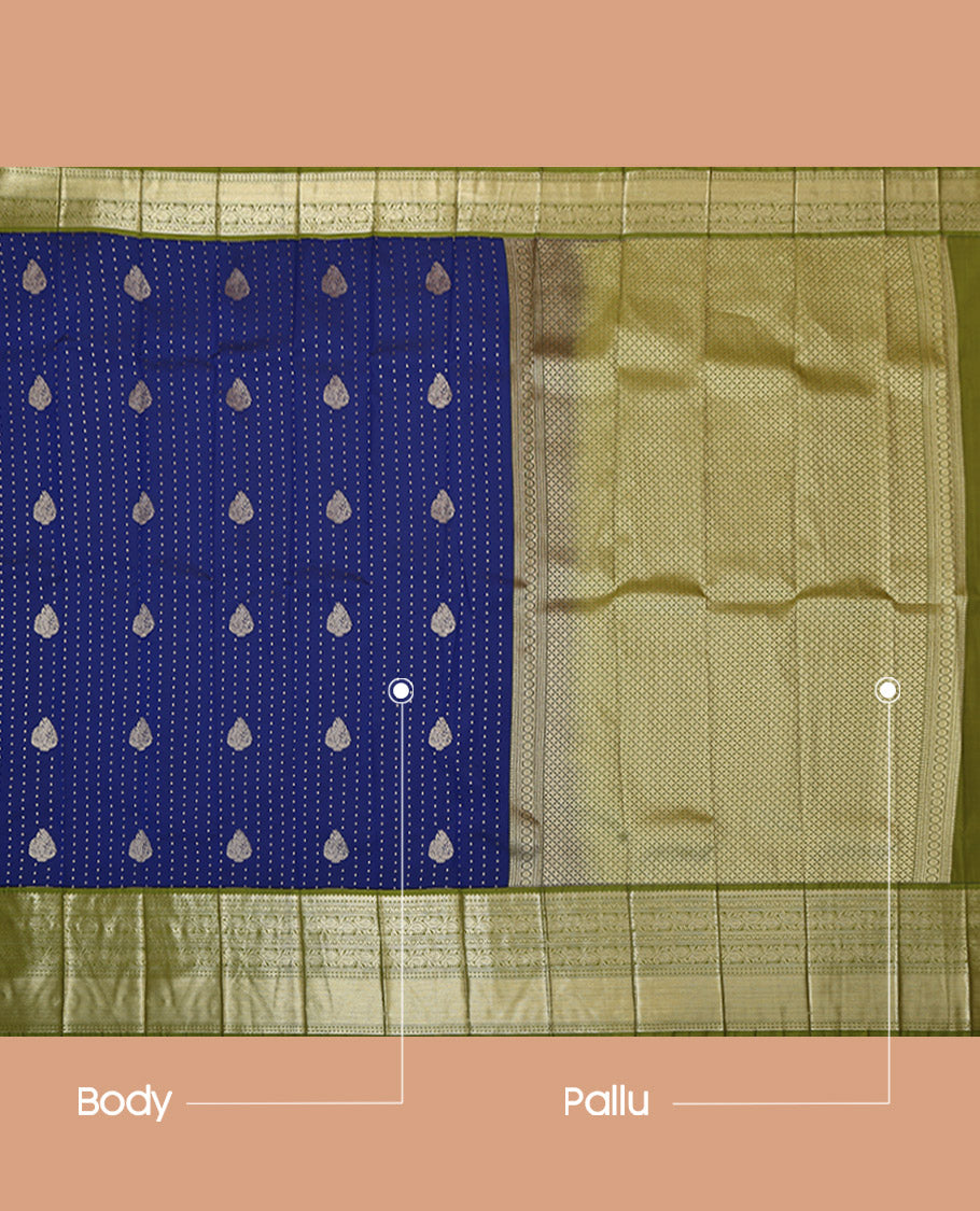 Blue Budget Silk Saree, Finely Crafted with Zari Buttas, Complemented by Contrast Traditional Zari Border, Grand Pallu, and a Contrast Blouse