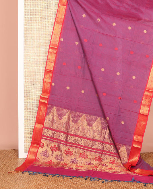 Magenta Chettinad Cotton Saree Ornamented with Zari Buttas All Over Its Body, Complemented by a Contrast Border of Traditional Zari Designs, and Pallu Embellished with Intricate Zari Designs