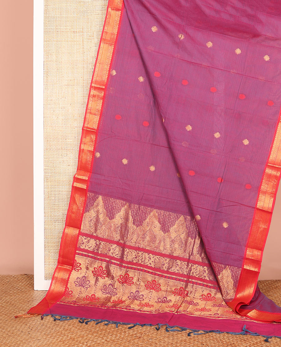 Magenta Chettinad Cotton Saree Ornamented with Zari Buttas All Over Its Body, Complemented by a Contrast Border of Traditional Zari Designs, and Pallu Embellished with Intricate Zari Designs