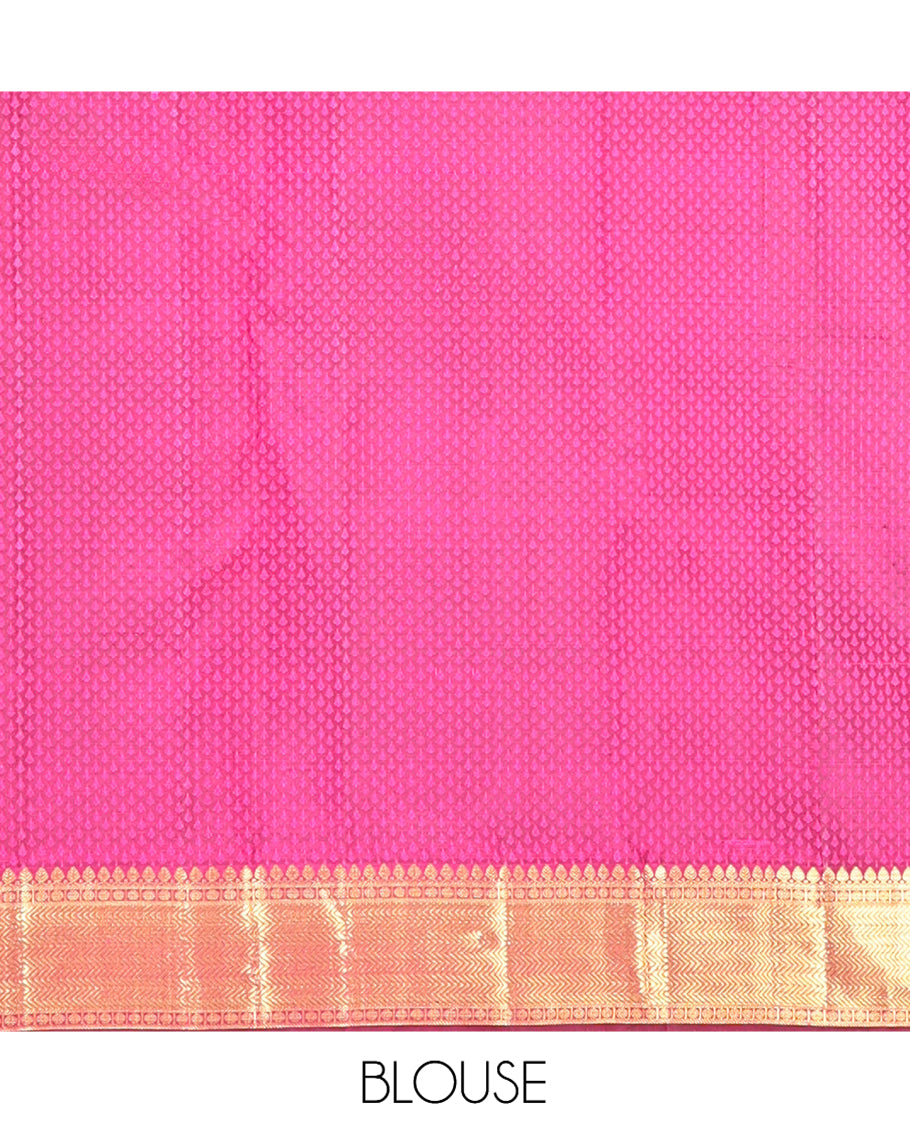 Orange Embossed Parambara Silk Saree, Adorned with Mayil Buttas, a Contrast Border of Thilakam Mokku, Poun, and Vanki Designs, Grand Pallu, and Contrast Blouse