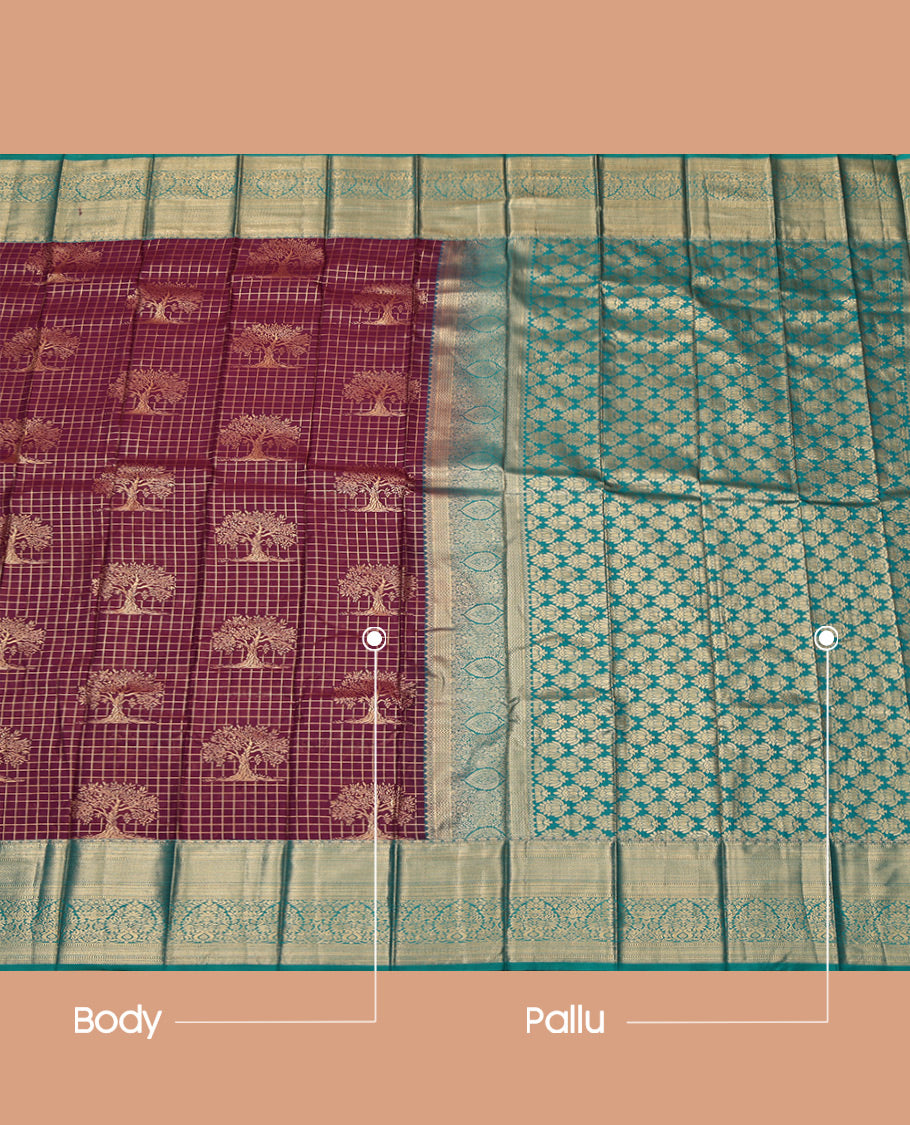 Brown Budget Silk Saree, Finely Crafted with Buttas and Checks, Complemented by a Contrast Traditional Zari Border, Grand Pallu, and a Contrast Blouse