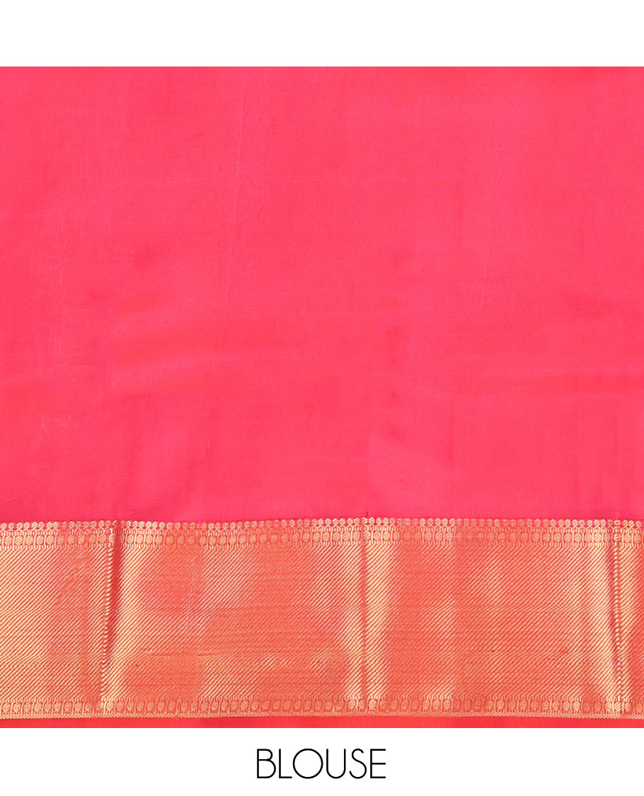 Off-White Vasundhara Lite-Silk Mix Saree, Enthralled with Iruthalai Pakshi Buttas, a Contrast Border of Thilakam Mokku, Muthu, Paisa, and Mayil Designs, Grand Pallu, and a Contrast Blouse
