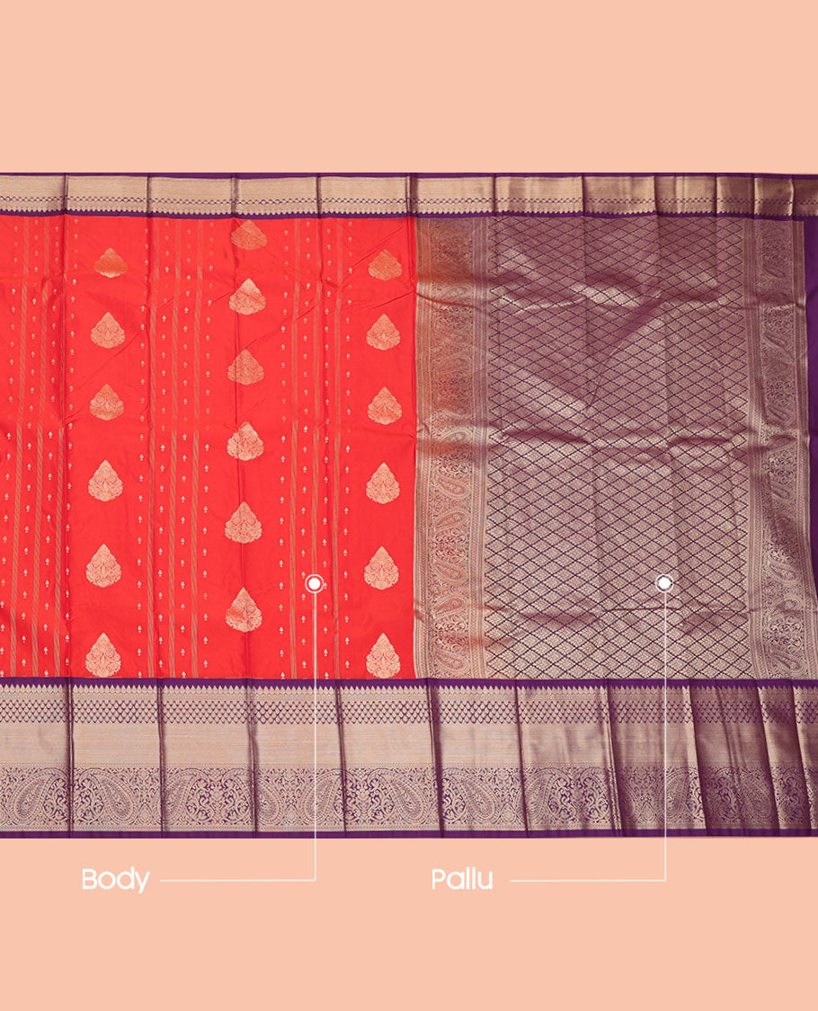 Red Budget Silk Saree, Enthralled with Zari Buttas, Complemented by a Contrast Traditional Design Border, Grand Jaal Pallu, and a Contrast Blouse