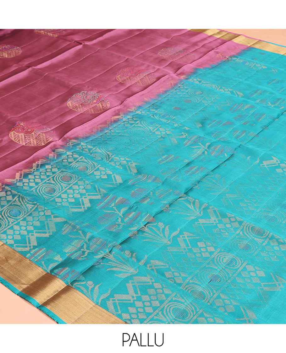 Pink Mayuri Lite Silk Mix Saree, Woven with Meena Buttas, a Zari Border, Contrast Intricate Pallu, and a Contrast Blouse