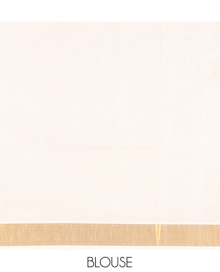 Cream Kerala Cotton Saree, Gleamed Up with Zari Stripes, a Zari Border, a Pallu of Chakram-Peacock Designs, and a Matching Blouse