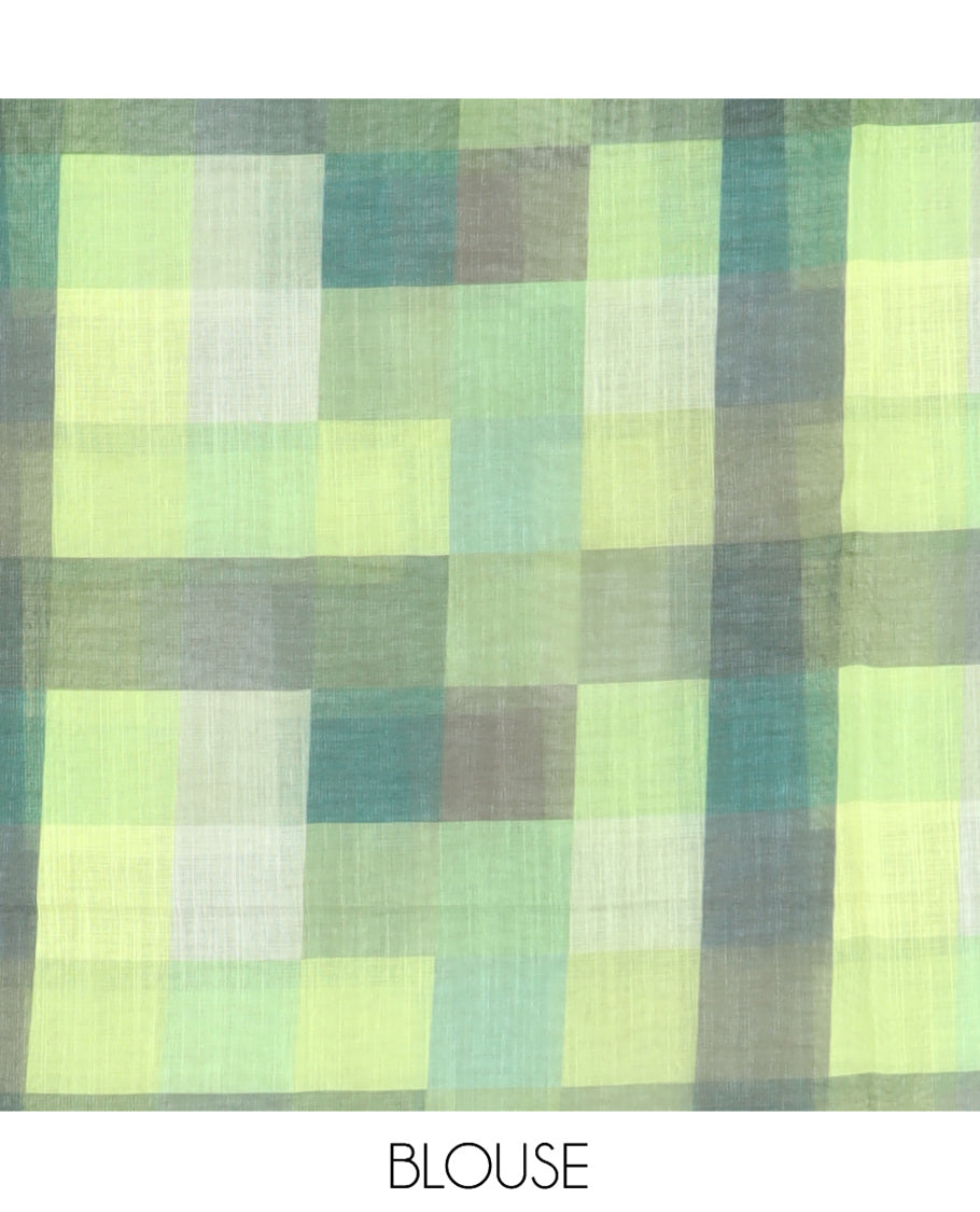 Cream-Green Plain Handloom Cotton Saree, a Contrast Checked Border, Checked Pallu, and a Contrast Blouse