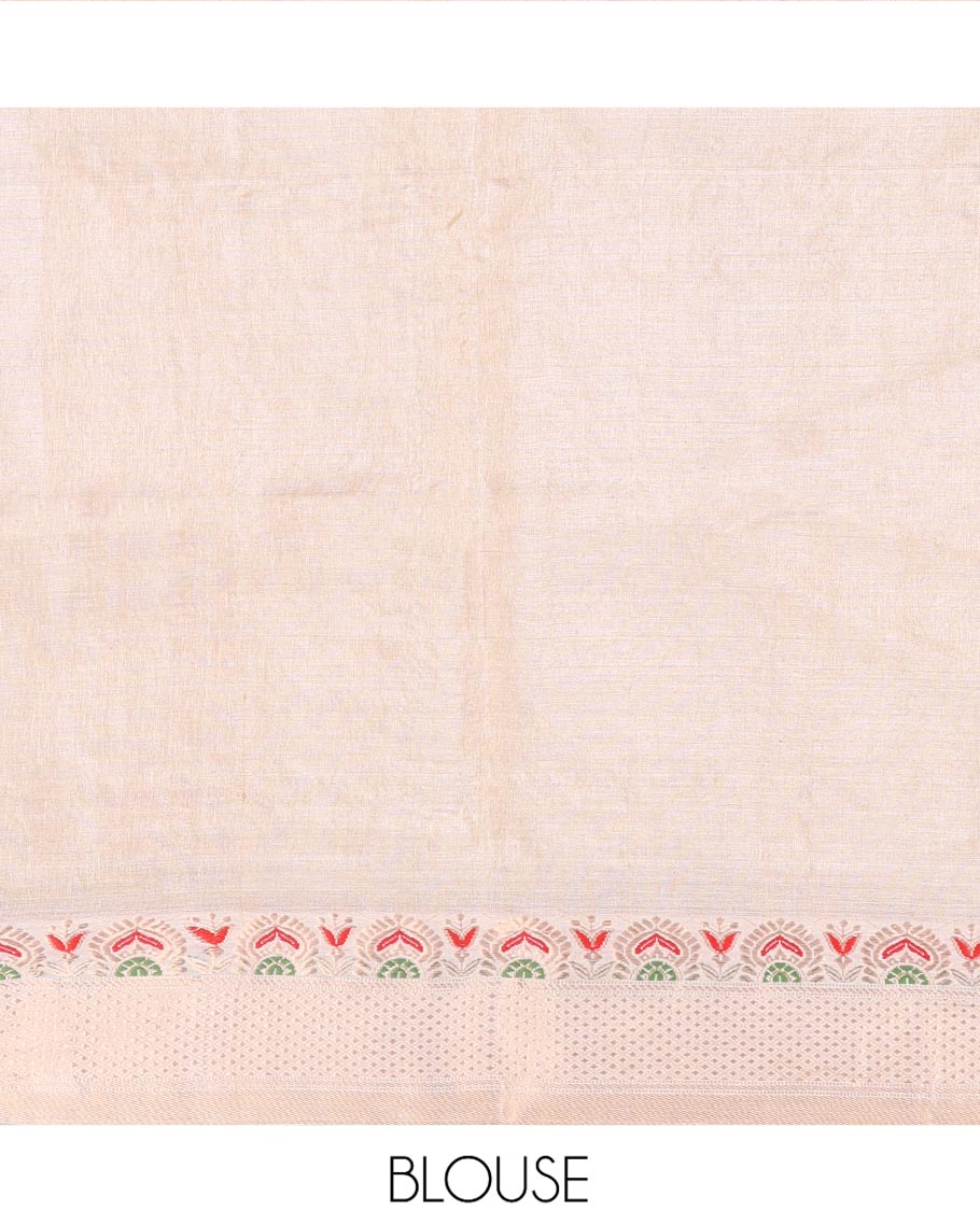 Cream Tussar Silk Saree, Woven with Buttas on Its Body, Subtle Border of Unique Motifs, Pallu of Ogee Patterns, and Paired with a Matching Blouse