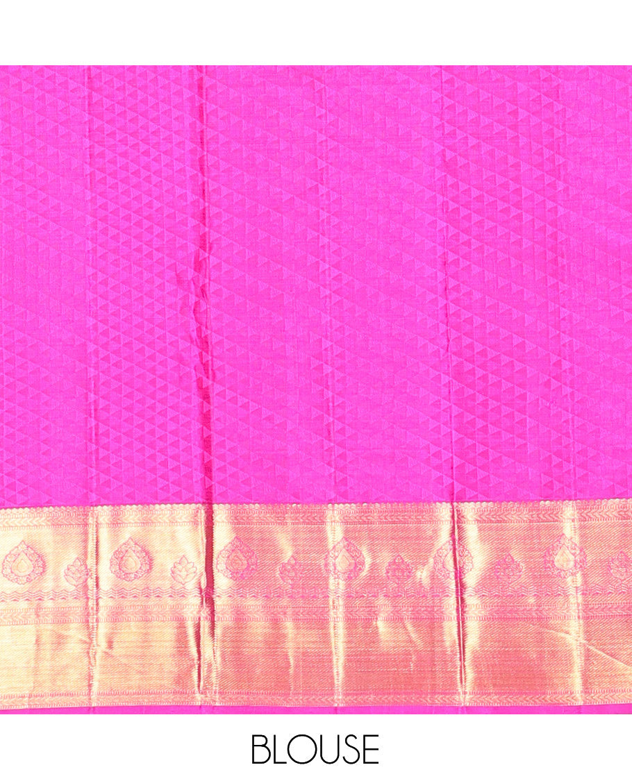 Pink Kanchipuram Wedding Silk Saree, Ornamented with Jacquard Design, a Traditional Zari Border, Grand Pallu, and a Matching Blouse