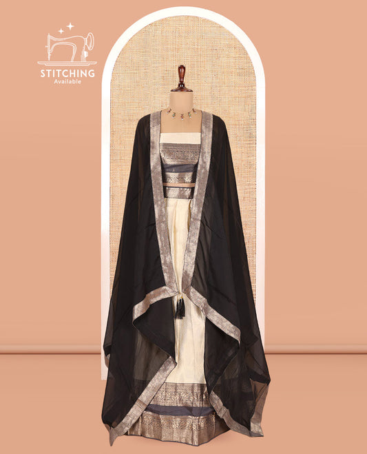 Cream-Black Semi-Silk Half-Saree
