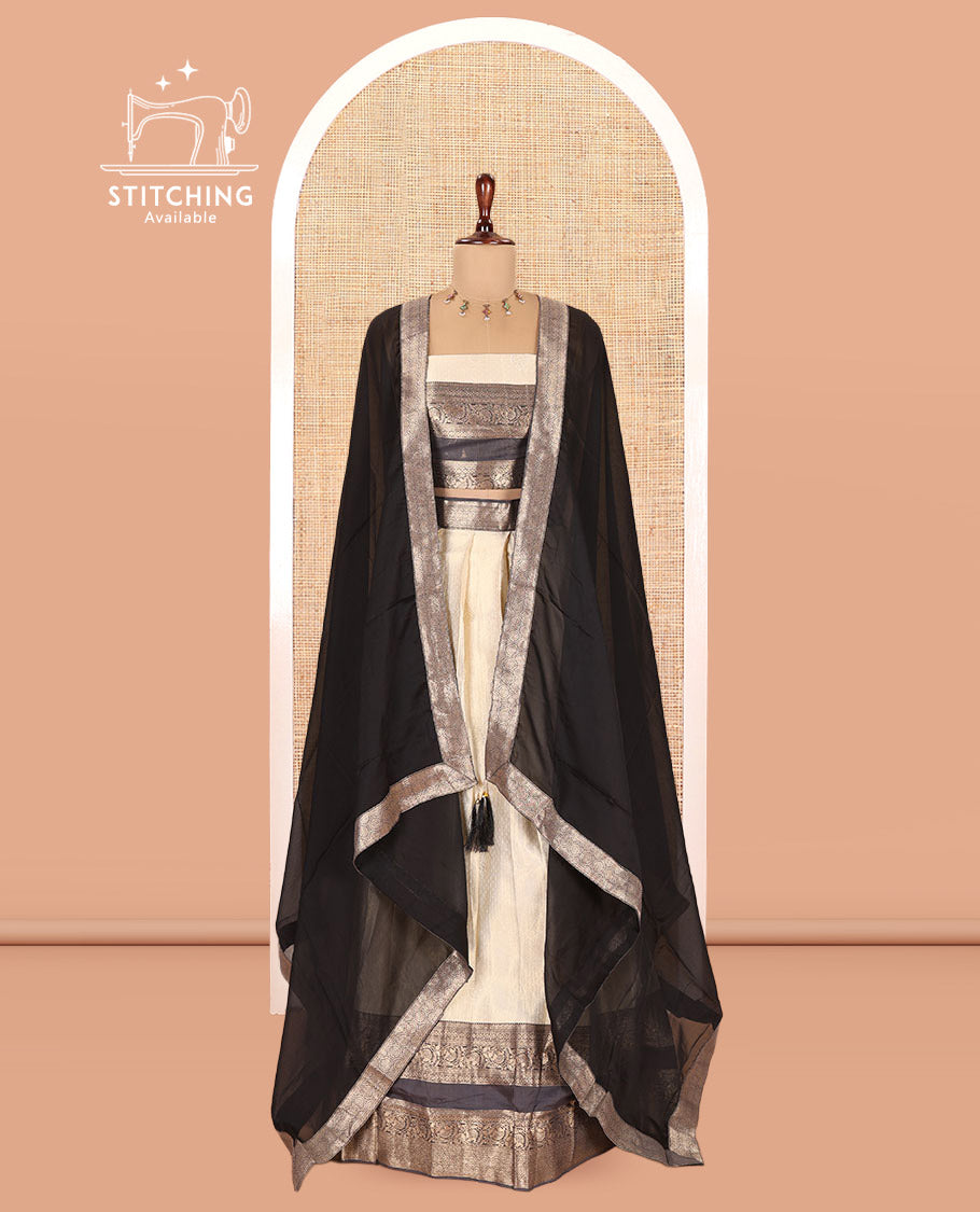 Cream-Black Semi-Silk Half-Saree