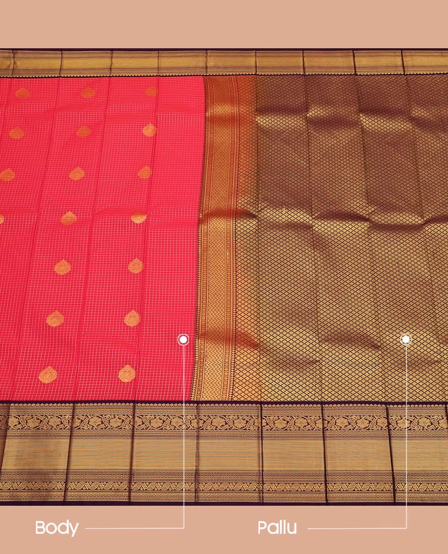 Red Budget Silk Saree, Detailed with Zari Buttas and Checks All Over Its Body, Complemented by a Contrast Zari Border of Traditional Designs, Pallu Features Jaal Designs, and Paired with a Contrast Blouse