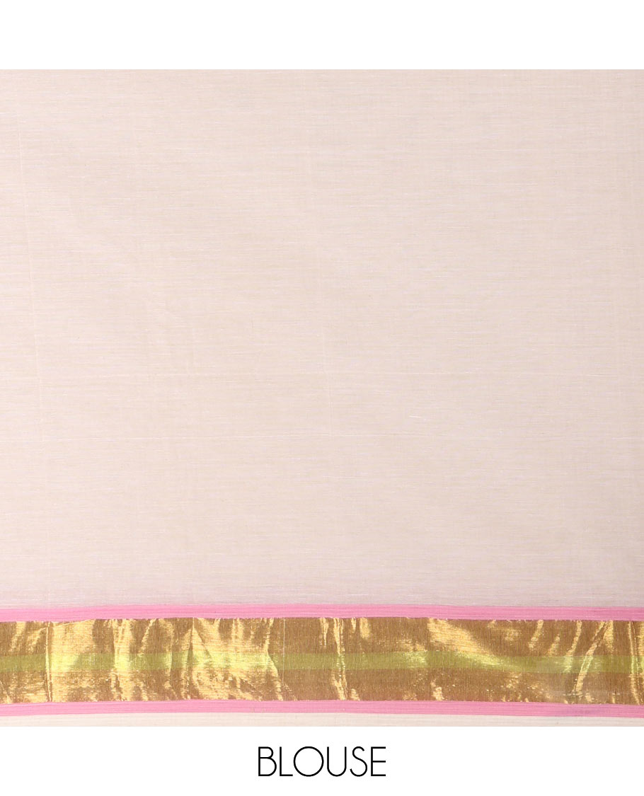 Cream Khadi mul cotton saree, contrast bavanji border, self-pallu with tassels, and a matching blouse